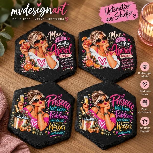 Schieferuntersetzer im 4er-Pack – Aperol & Prosecco